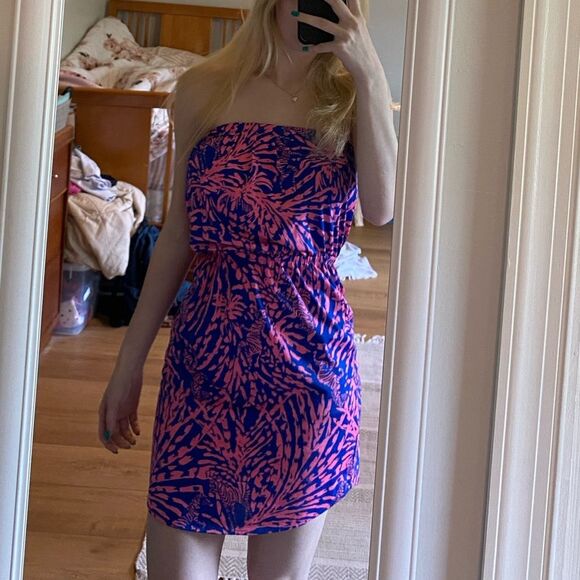 Lilly Pulitzer size 2/4 rolling in the grass blue pink strapless zebra dress - Picture 8 of 12